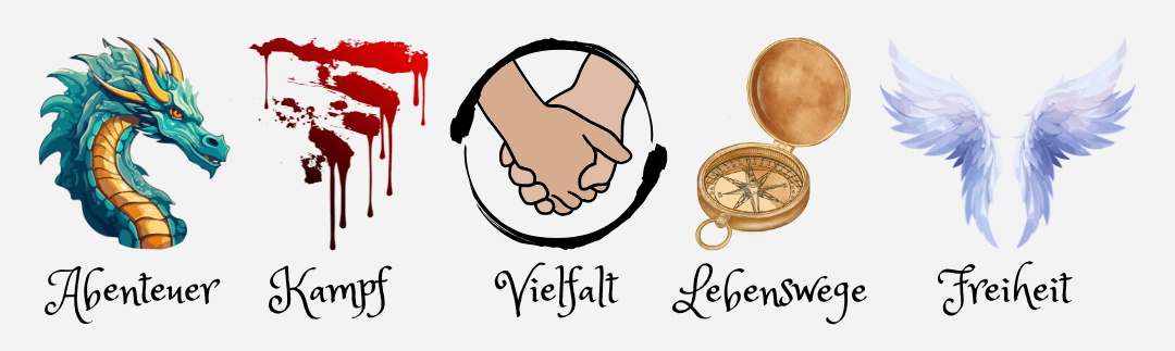 Fünf Symbole, die für Abenteuer, Kampf, Vielfalt, Lebenswege und Freiheit stehen.