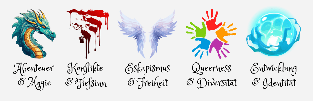 Fünf Symbole, die für Abenteuer, Kampf, Vielfalt, Lebenswege und Freiheit stehen.